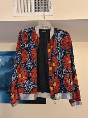 Bold Red & Navy Patterned Bomber Jacket
